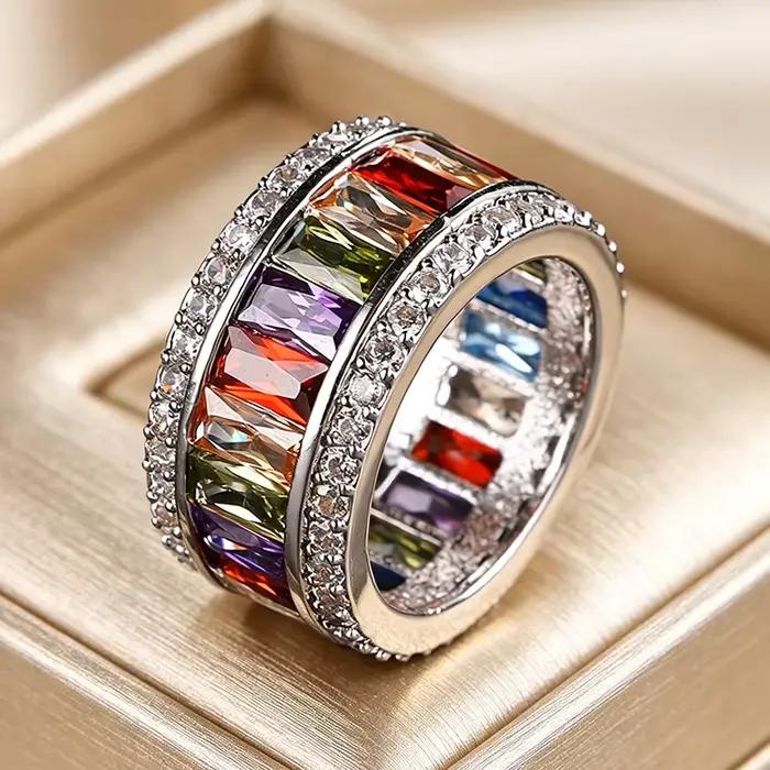 Bague éternité pour femme, couleur bleu cristal, ton argenté, entièrement pavée de CZ, bijoux de déclaration pour mariage et fiançailles
