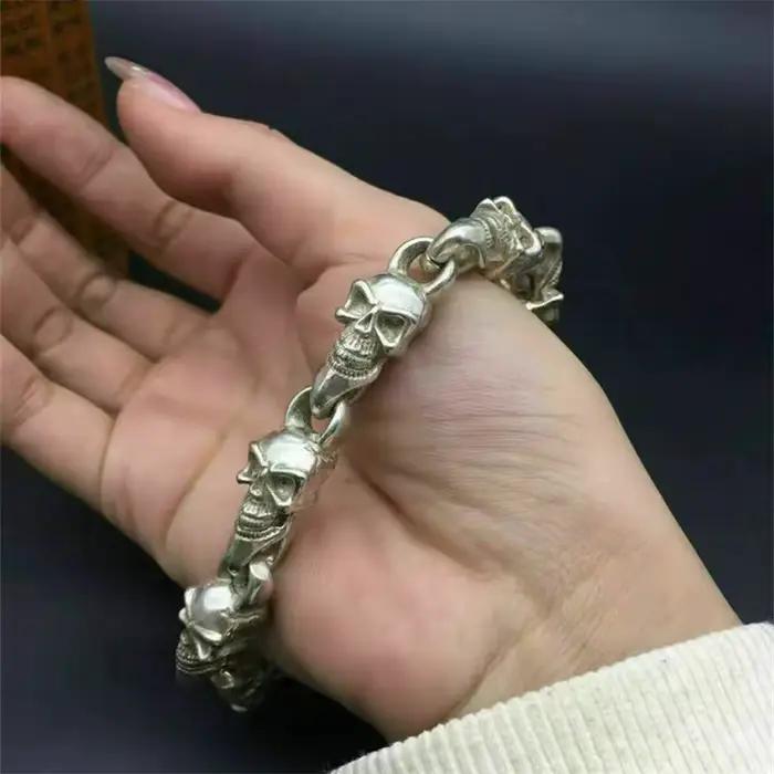 Bracelet de luxe tibétain en argent pour hommes et femmes, crâne de bénédiction de dieu, porte-bonheur, mauvais esprits, cadeau personnalisé à la mode