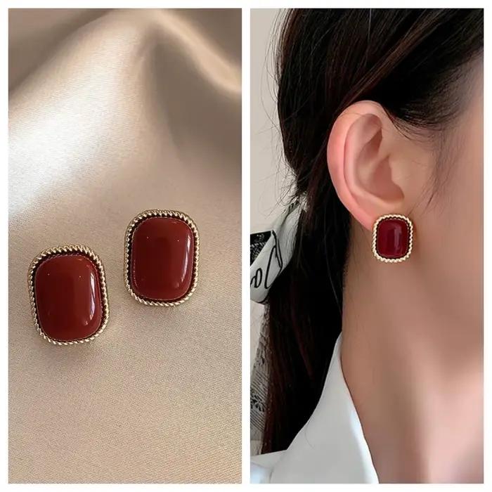 Boucles d'oreilles clous carrées émaillées bordeaux vintage pour femme, en métal couleur or, imitation perle, motif fleur, bijoux de fête