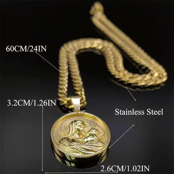 Collier médaille vierge marie et bébé pour hommes et femmes, pendentif religieux géométrique, en acier inoxydable, couleur or, bijoux ZZ453