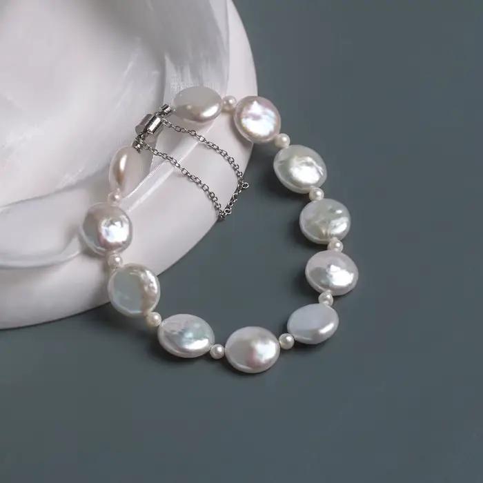 Bracelet en perles d'eau douce baroques et boutons de 9 à 13 mm pour femmes, plaqué argent, bijou unique et élégant, idée cadeau