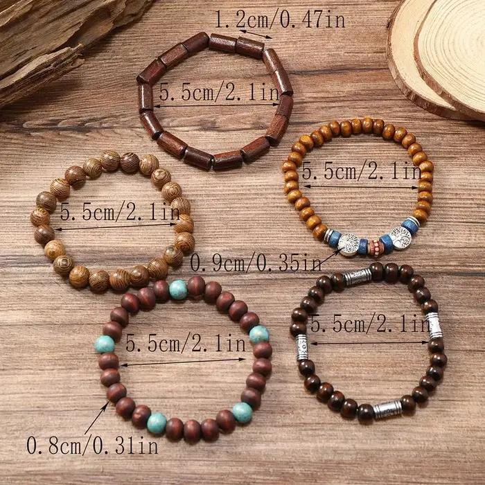 Bracelets en perles de bois de Bohême pour hommes et femmes, accessoires de bijoux féminins, breloques chics, cadeaux de fête, mode, ensemble de 5 pièces