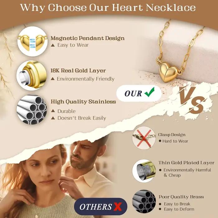 Colliers magnétiques en forme de cœur pour femmes, plaqués or 18 carats, en acier inoxydable, avec chaîne trombone, pendentif, bijoux, cadeau