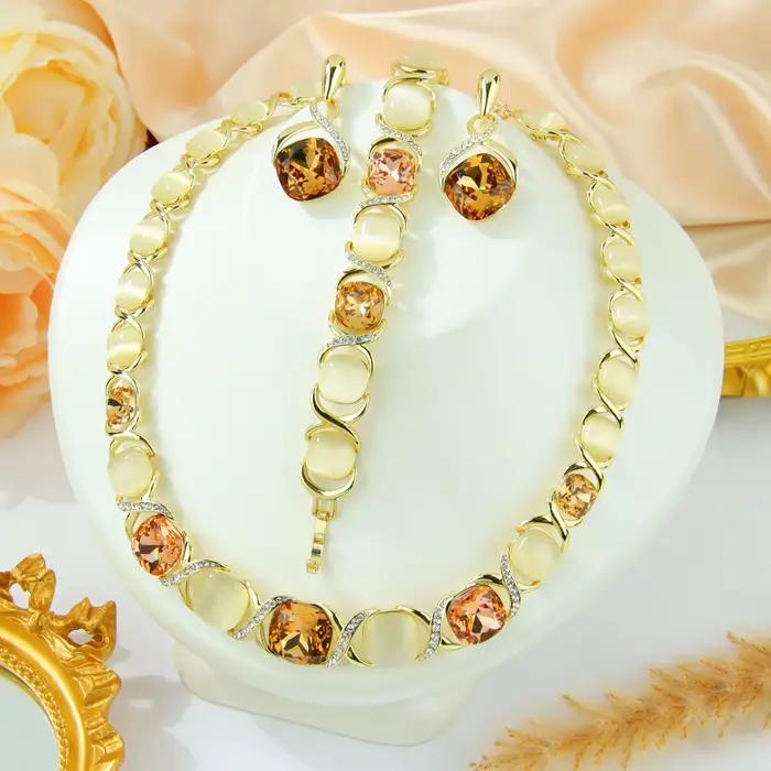 Ensemble de bijoux de luxe en cristal bleu, couleur or, exquis, Vintage, sans nickel, collier, bracelet, boucles d'oreilles, bijoux de mariage pour femmes