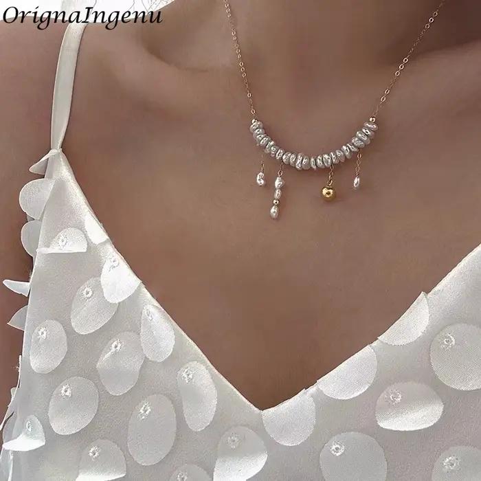Collier de perles baroques remplies d'or 14K pour femmes, ras du cou délicat fait à la main, résistant au ternissement, bijoux hypoallergéniques pour femmes