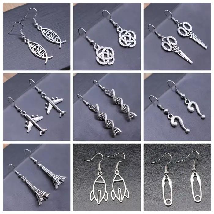 Boucles d'oreilles faites à la main vintage pour femmes, bijoux simples et sympas, épingle de tour, ciseaux, ADN, avion, fusée, point d'interrogation, 40 styles, offre spéciale