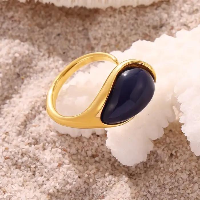Bagues en résine bleue chic pour femmes, bague d'index de luxe en acier inoxydable plaqué or, étanche, pour le quotidien, les fêtes, cadeau de bijoux