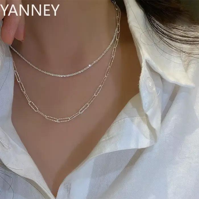 Collier en argent 925 brillant pour femmes, 40-75cm, clavicule à la mode, accessoires de bijoux de fête de mariage coréens pour filles