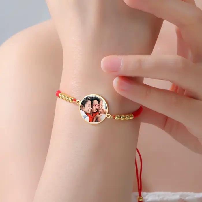 Lemegeton Bracelet Photo personnalisé, corde rouge et noire, pendentif rond, bijoux en acier inoxydable pour femmes et hommes, cadeaux tendance personnalisés