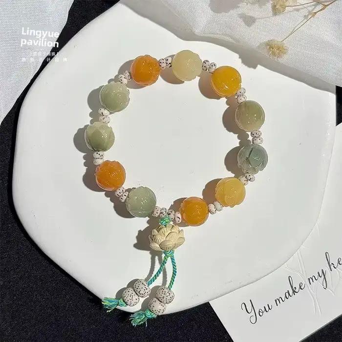 Duobao – Bracelet porte-bonheur en forme de Lotus sculpté pour hommes et femmes, poignet riche en fleur de Lotus, corde à main naturelle Bodhi, bijoux portables