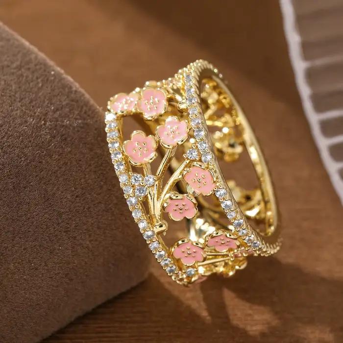 Bague élégante en cuivre de luxe pour femmes, avec fleurs roses et pierres artificielles incrustées,