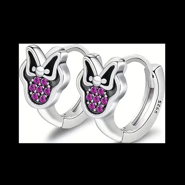Boucles d'oreilles créoles plaquées argent en forme de Minnie Mouse, délicates, avec émail et détail