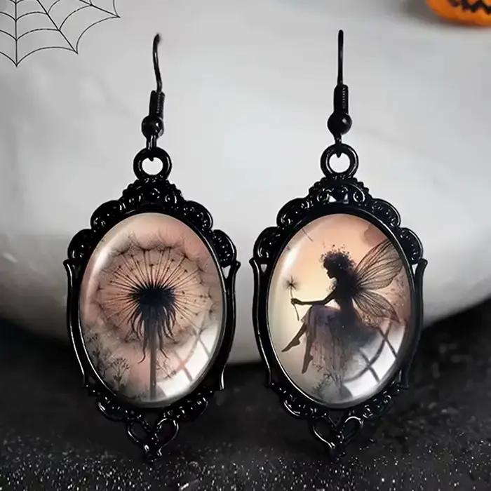 Boucles d'oreilles asymétriques en forme de pissenlit noir pour femmes, bijoux gothiques ovales en v