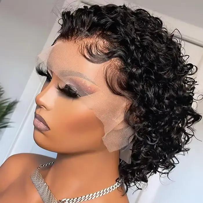 Perruque courte bouclée Pixie Cut, dentelle transparente 13x1, 100% cheveux humains, perruque brésil