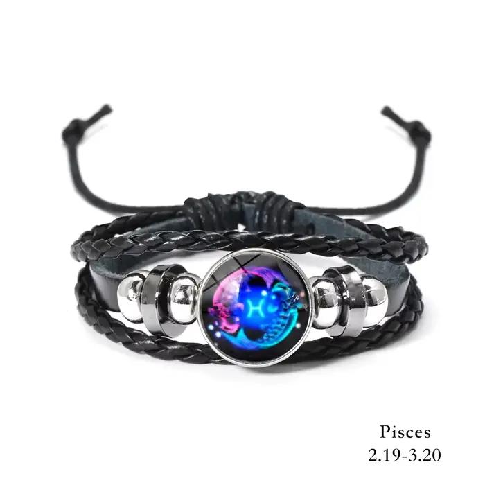 Bracelet Lumineux Signes du Zodiaque 12 Constellations Homme Femme Vintage Multicouche en Cuir Enrou