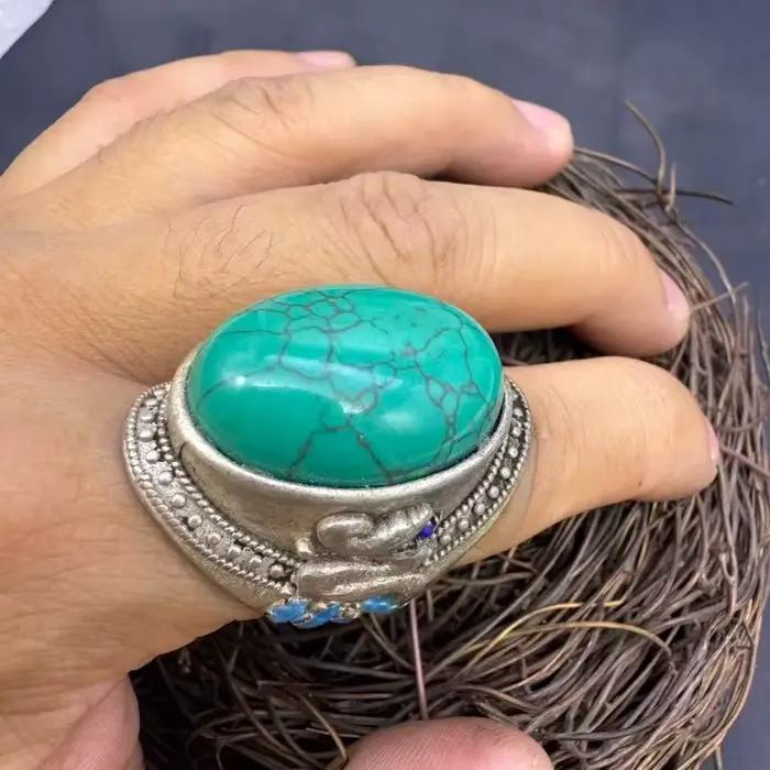 Bague unisexe de style mongol vintage, incrustée à la main de turquoise naturelle stabilisée, bijou