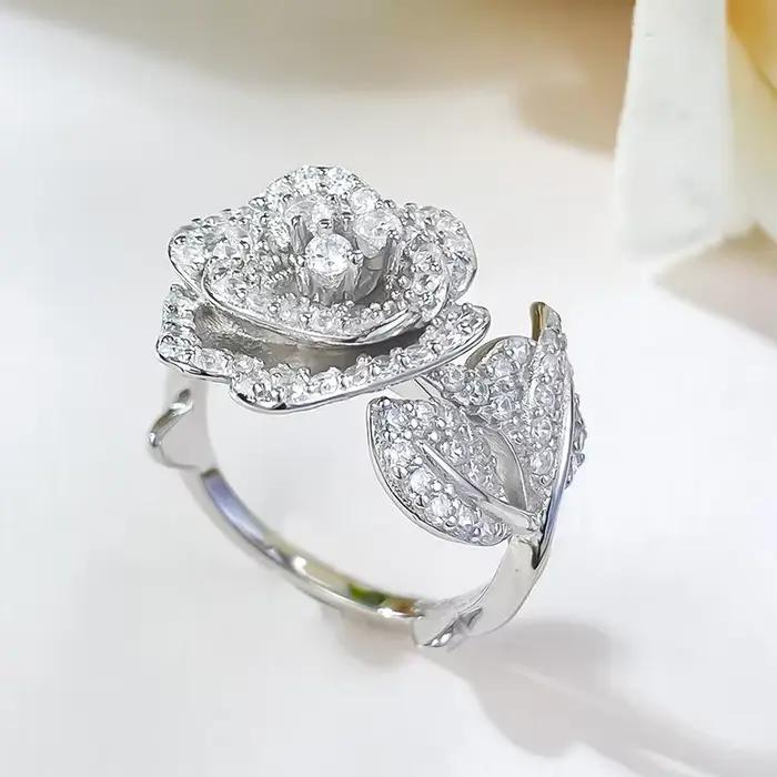 Bague Camélia avec diamant à haute teneur en carbone, 100% argent sterling 925 véritable, bagues de