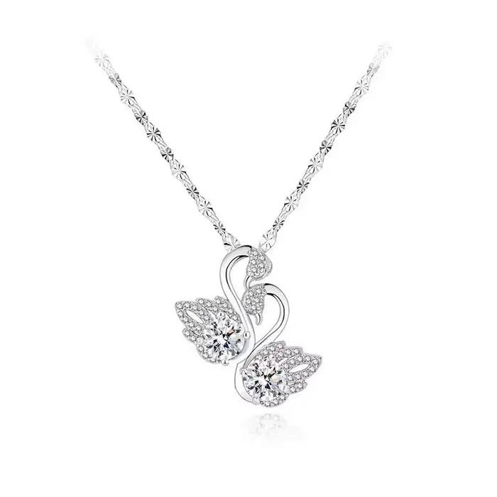 Collier double cygne en or blanc, niche de luxe légère, pendentif cygne, chaîne de clavicule pour pe