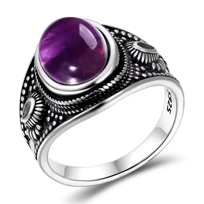 Bagues en argent améthyste naturelle pour hommes et femmes, bijoux fins pour fête d'anniversaire de