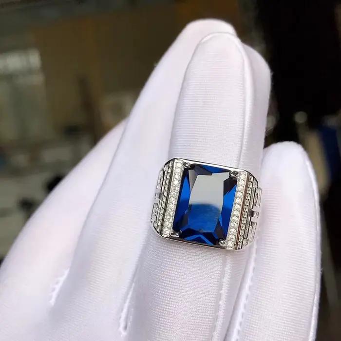Bague en argent regardé 925 avec saphir bleu royal pour homme, pierre précieuse exquise, rectangle 2