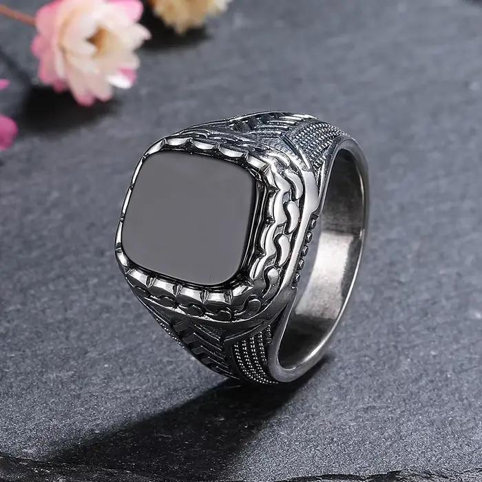 Bague en argent naturel 10x12mm, grande pierre d'agate noire, bague Vintage pour femmes, cadeaux de