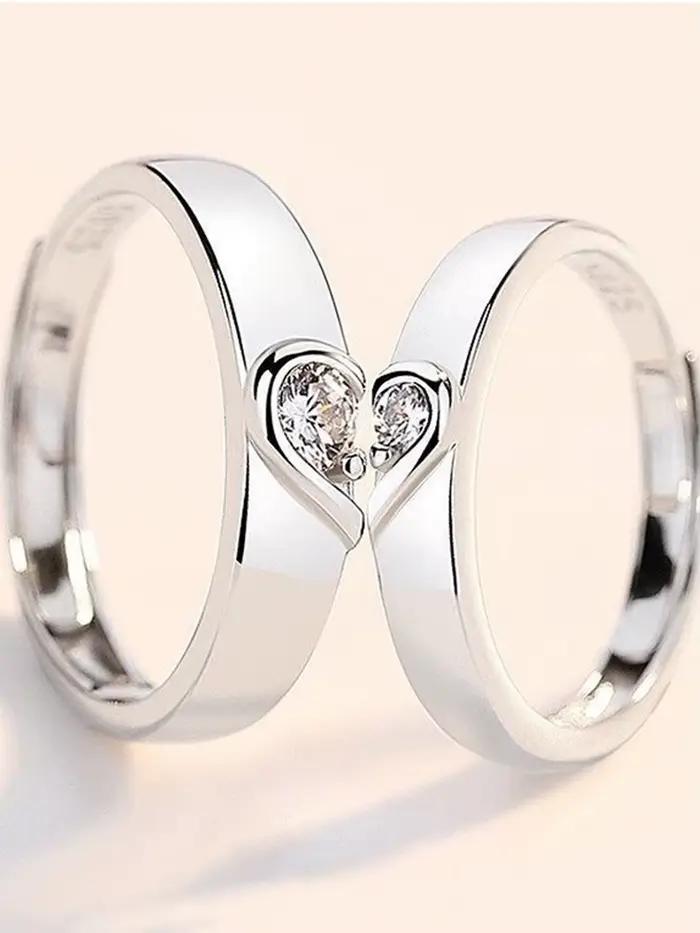 Bagues de Couple en forme de cœur pour hommes et femmes, 1 paire, réglable, plaqué cuivre, argent, b