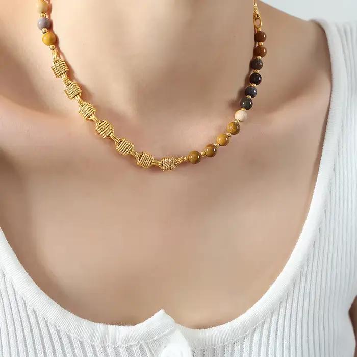 Magnifique collier de perles d'agate verte pour femmes, chaîne en acier inoxydable plaqué or, bijoux