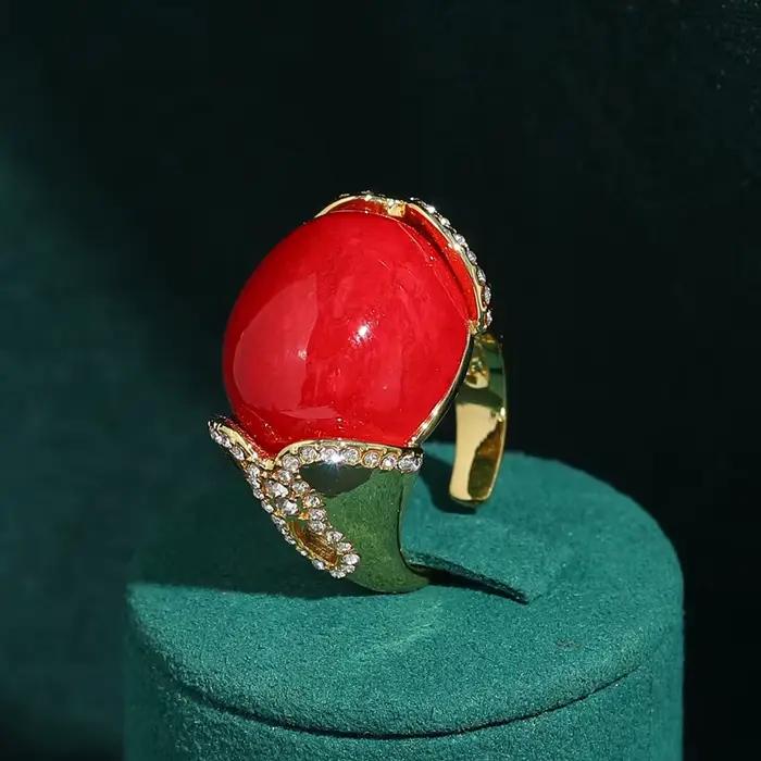 Bagues ovales vintage en agate rouge pour femme, bijoux de luxe Art Déco avec strass couleur or, mar