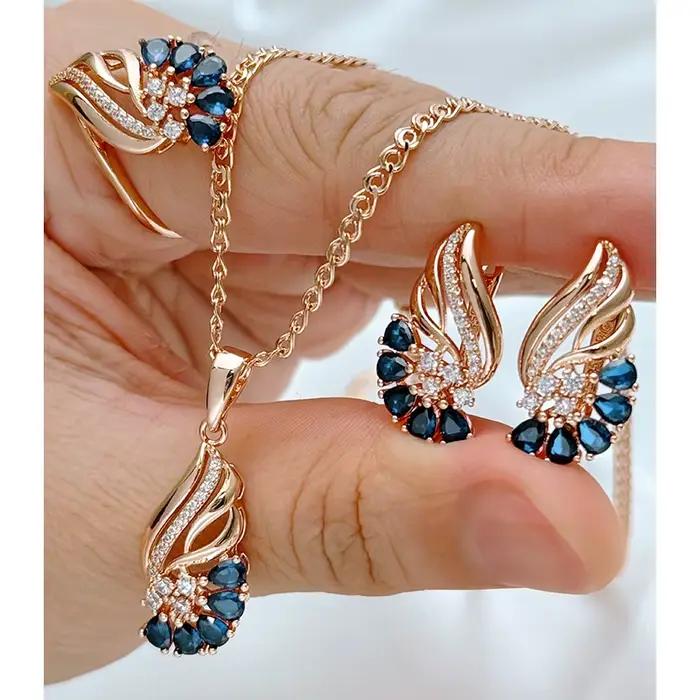 Kinel – ensemble de bijoux en Zircon naturel bleu brillant pour femmes, bague, boucles d'oreilles, c