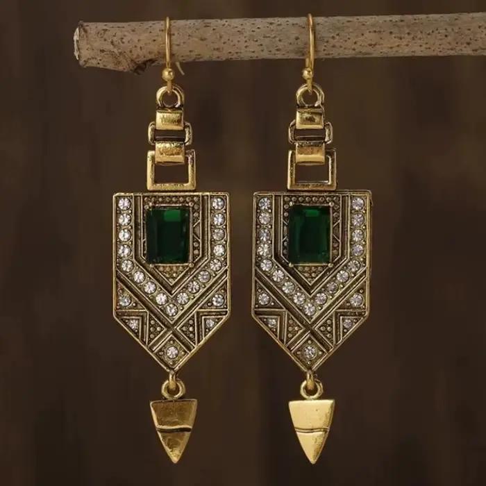 Boucles d'oreilles pendantes en biscuits vert géométrique vintage pour femmes, incrustation de pierr
