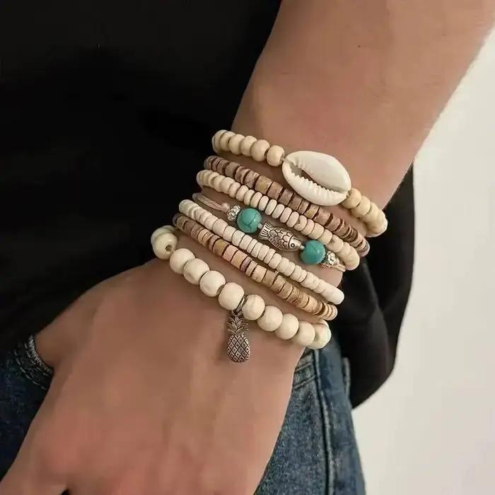 Ingemark Lot de 7 bracelets vintage multicouches en perles de bois pour hommes, avec breloques créat