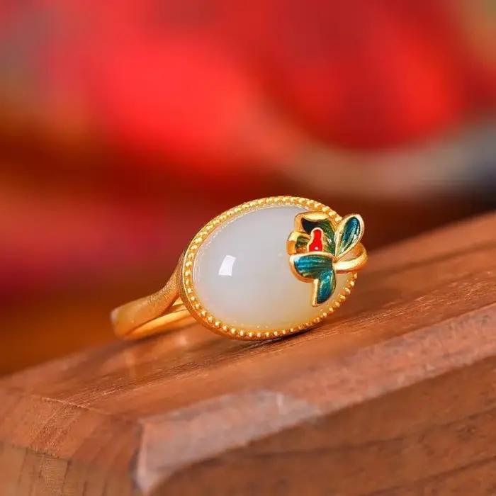 Bagues typoovales en émail de jade naturel Hetian pour femmes, artisanat en or prairie, bijoux de ba