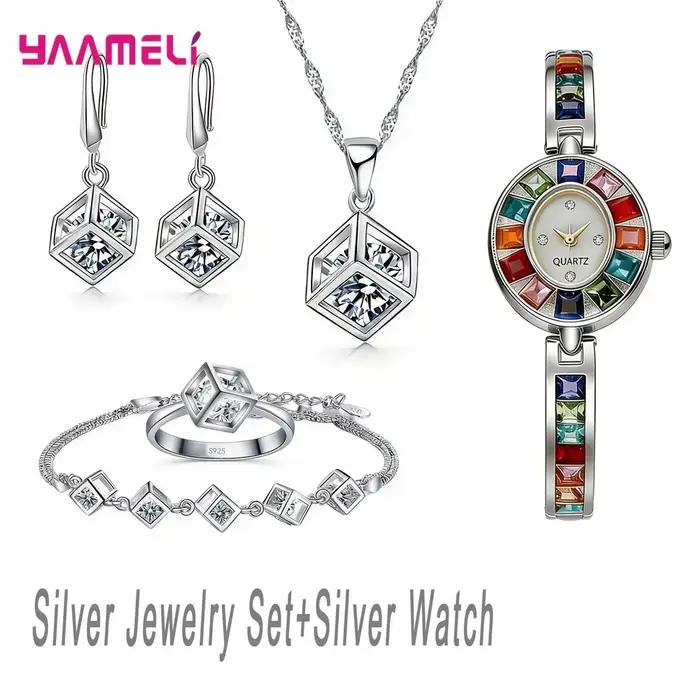 Ensemble de bijoux de luxe en argent sterling 925 avec collier, boucles d'oreilles et montre en cris