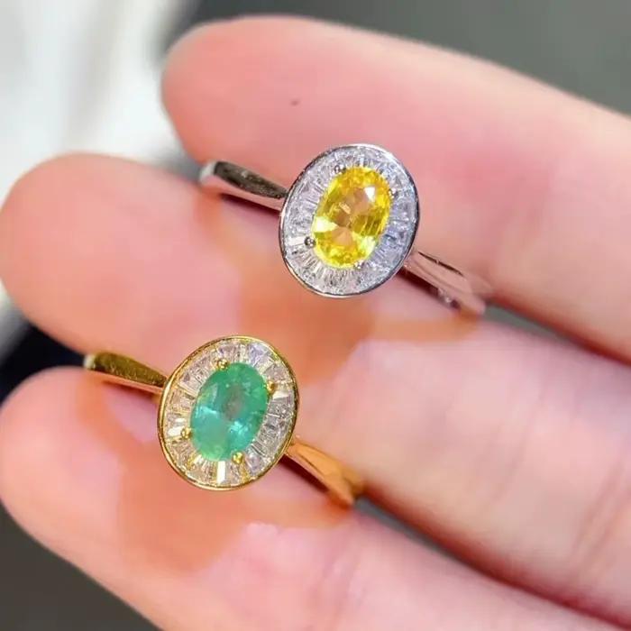 Bague saphir jaune au design classique, bague émeraude naturelle 4x6mm, saphir véritable, bijoux en