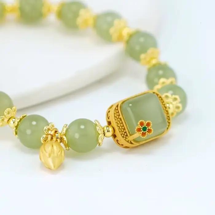 Bracelet Lotus en Jade véritable, breloque de styliste, pierres précieuses, bijoux naturels, amulett