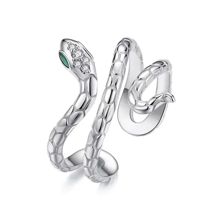 BAMOER bague serpent plaquée or blanc avec oeil émeraude CZ, bague de déclaration réglable pour les