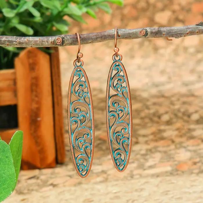 Boucles d'oreilles creuses ethniques pour femmes, boucles d'oreilles en métal bronze antique, boucle
