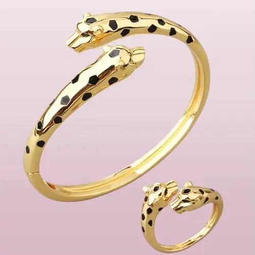 Taille 17 cm mince lisse Double noir léopard manchette Bracelets Bracelets panthère ensemble de bijo