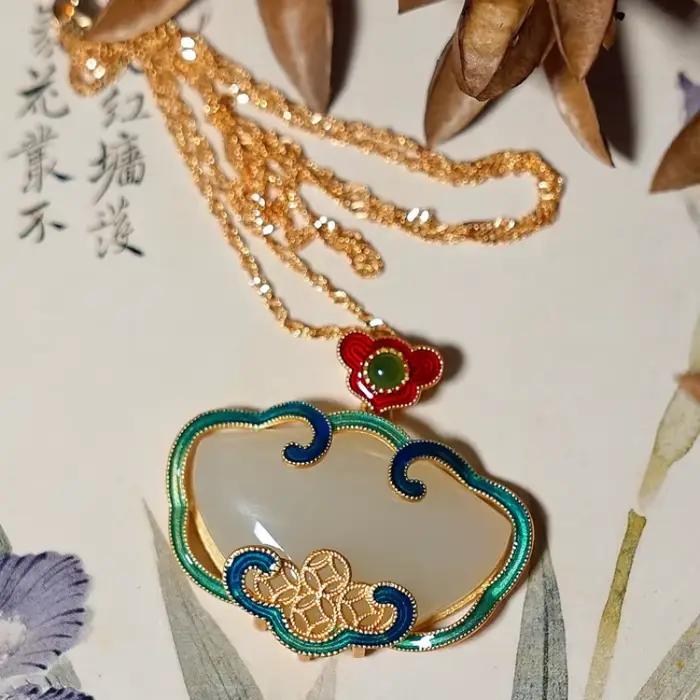 Collier pendentif en émail Ruyi classique pour femme, artisanat d'or prairie, naturel Hotan blanc di