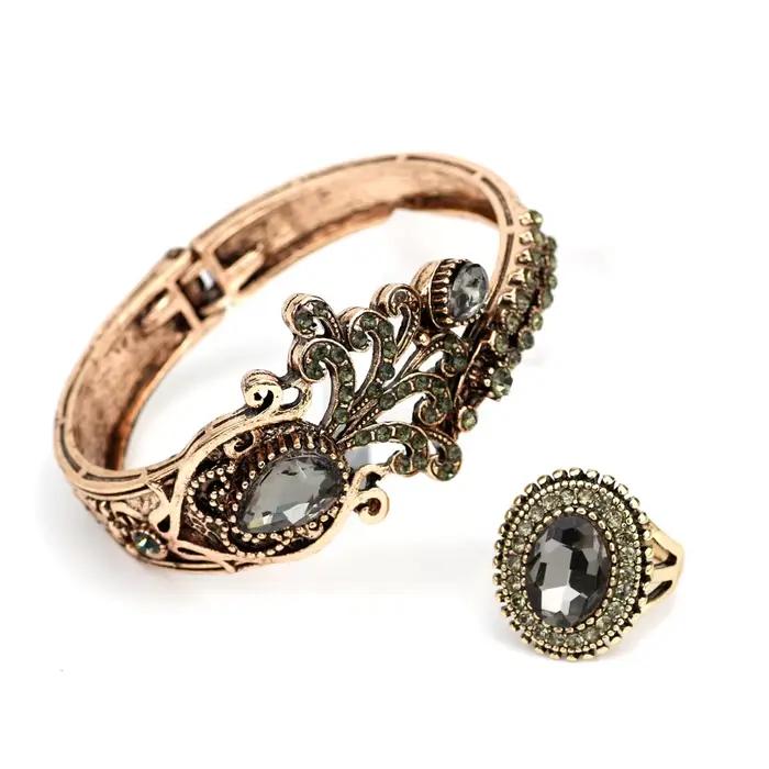 Chaude ronde résine femmes Vintage Bracelet fleur anneau Antique or couleur ethnique Bracelet manche