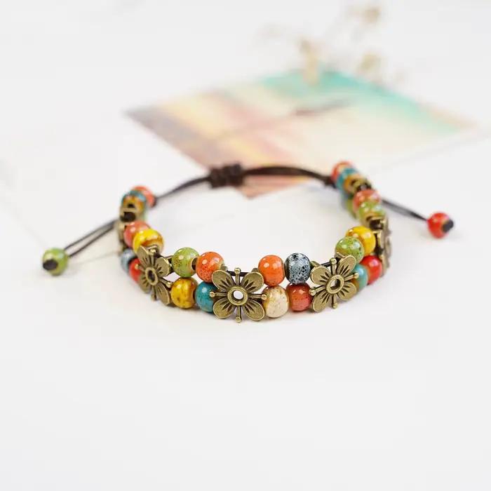 Bracelet en céramique fait main avec perles pour femmes, bijoux en corde réglable, vente en gros