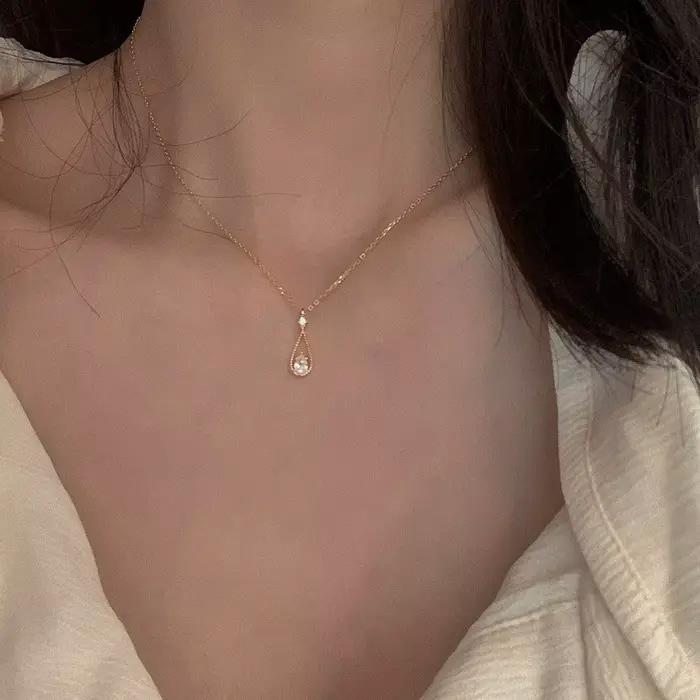 Collier avec pendentif goutte d'eau en Zircon brillant, Vintage français, fée femme, couleur or arge