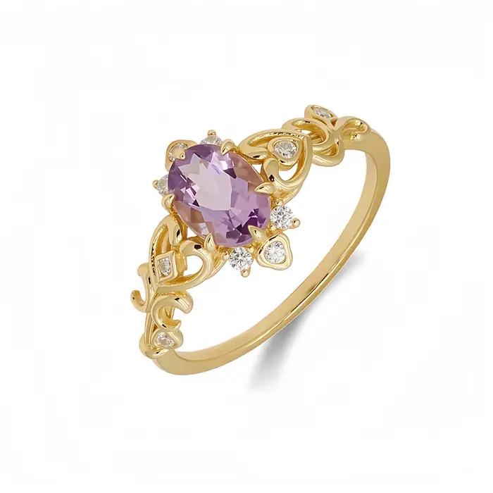 LAMOON – bague de luxe Vintage en améthyste naturelle pour femmes, exquise, ajourée, en argent Sterl