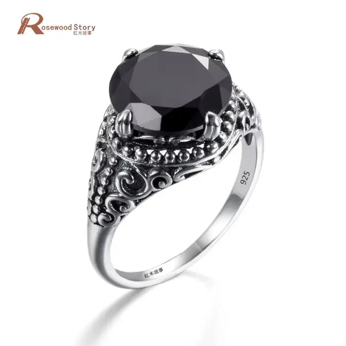 Bagues en obsidienne noire, bague en zircone cubique pour femmes et hommes, bague de Cocktail en arg