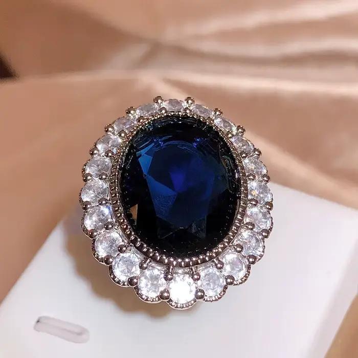 Bague de couple en diamant plaqué argent pour femme, saphir dominateur, grand nar, bleu foncé, géomé
