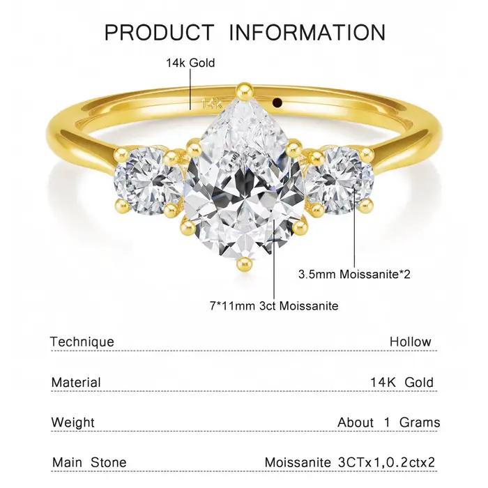 Bague en diamant Moissanite pour femme, or 14 carats, forme de larme, D VVl's, coupe brillante, véri