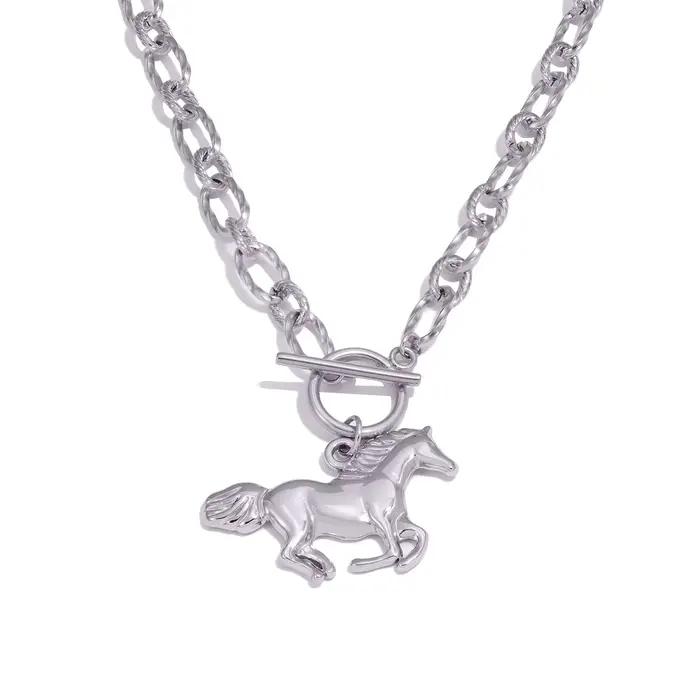 Collier tendance avec pendentif Cheval des 12 signes du zodiaque pour femme, en acier inoxydable pla