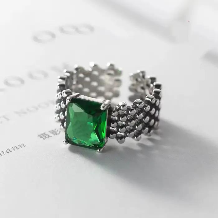 Bague en argent regardé 925 avec pierre verte unique pour femme, bijoux ouverts au doigt, bague vint