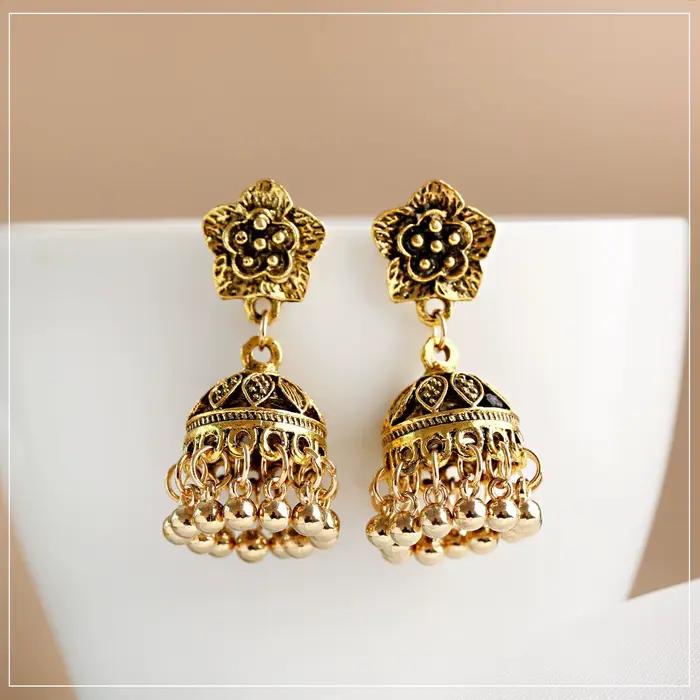 Boucles d'oreilles Boho Vintage ethnique indienne Jhumka pour femmes, couleur or, cloche, pompon, fleur sculptée, goutte, bijoux gitans