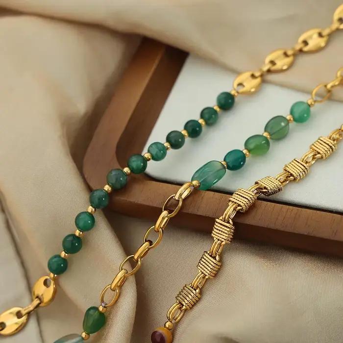 Magnifique collier de perles d'agate verte pour femmes, chaîne en acier inoxydable plaqué or, bijoux élégants, cadeau